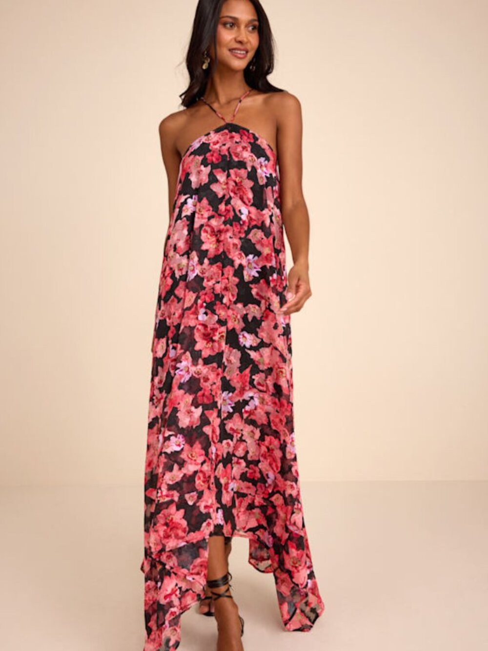 Lulus Dezzi Black Multi Floral Halter Shift Maxi Dress - Size XS